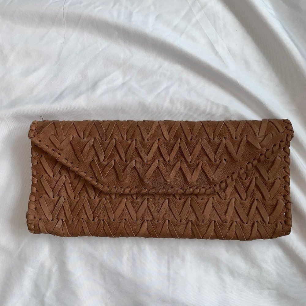 Brown Leather Woven Clutch